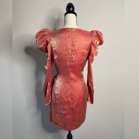 Elliatt Metallic Copper Gold Puff Shoulder Long Sleeve Wrap Mini Dress - Picture 6 of 14